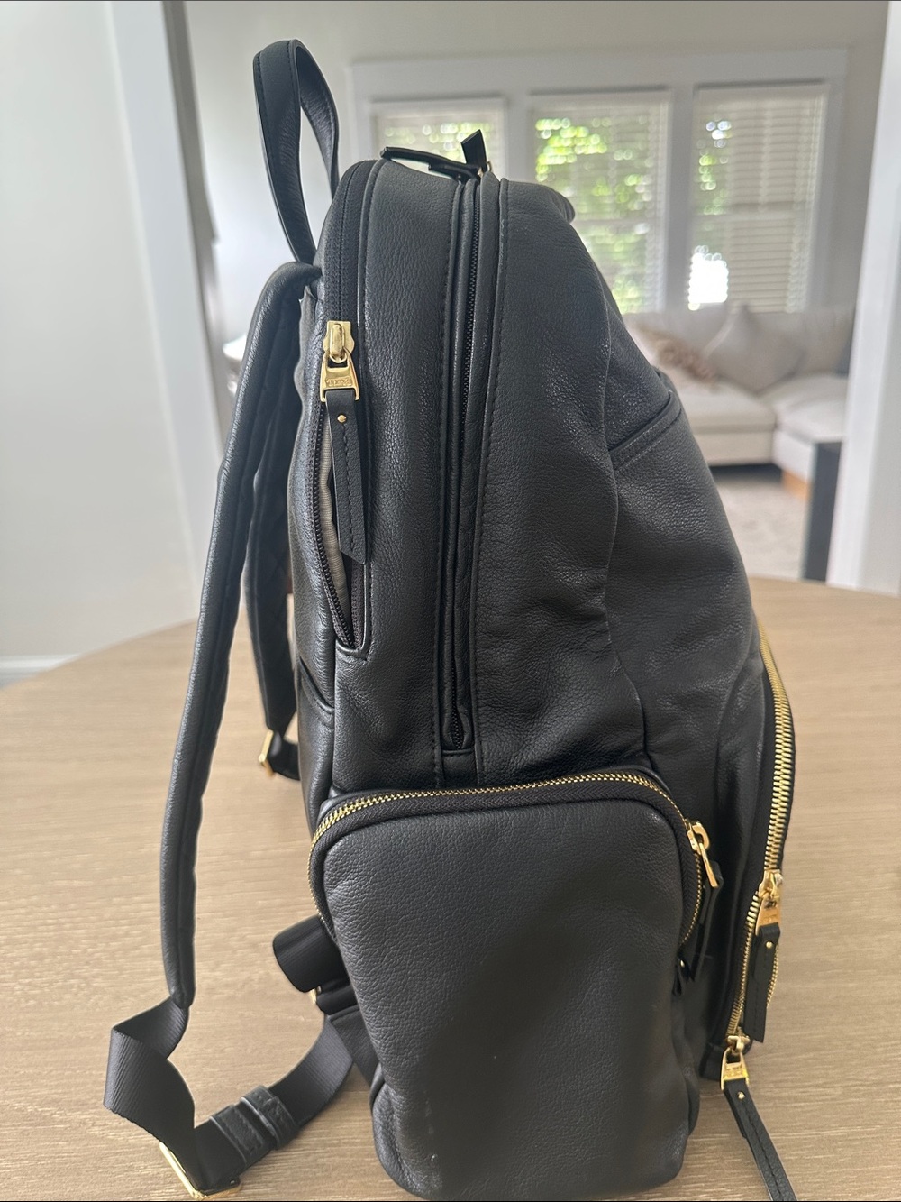 Tumi Black Leather Backpack with Gold Accents - Picture 3 of 9